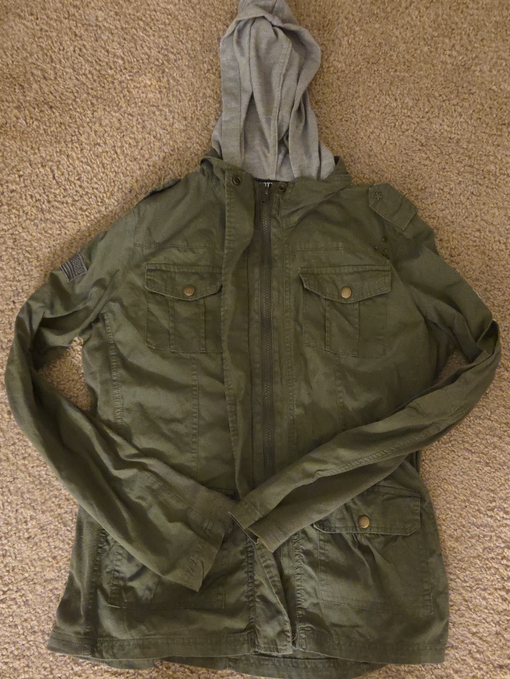 Hot Topic Olive Green Military-Style Field Jacket with Grey Hood